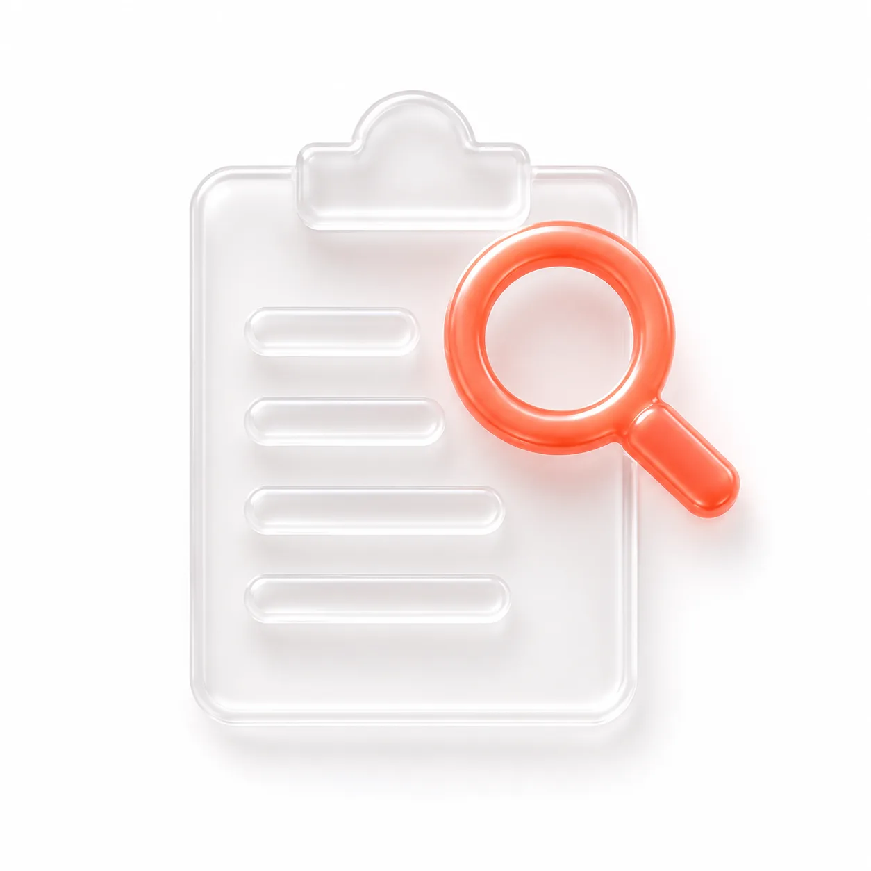 Icono isometrico de auditoria: clipboard con lupa y check coral sobre fondo claro