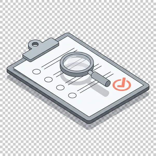 Isometric audit icon: clipboard with magnifier and coral check on light background