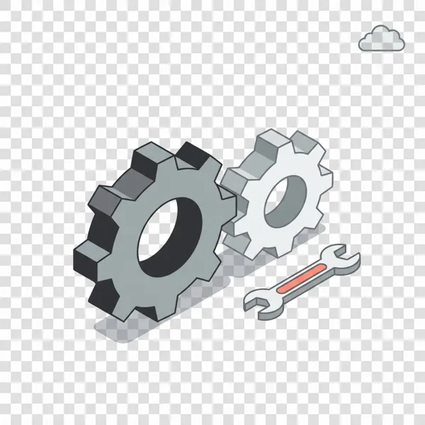 Isometric technical implementation icon: gears, wrench and cloud with coral accent
