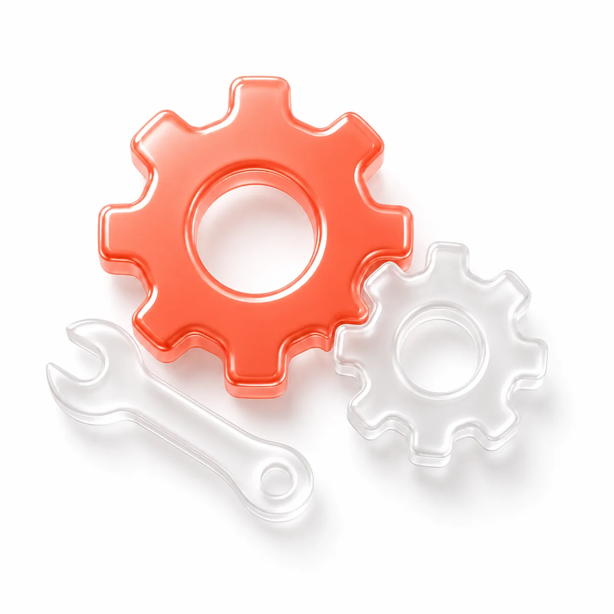 Icono isometrico de implementacion tecnica: engranajes, llave y cloud con acento coral