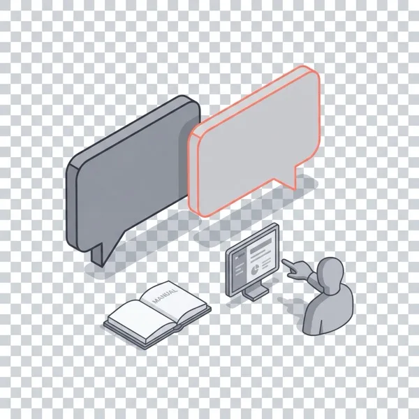 Isometric adoption and support icon: chat with coral bubble, manual and user figure