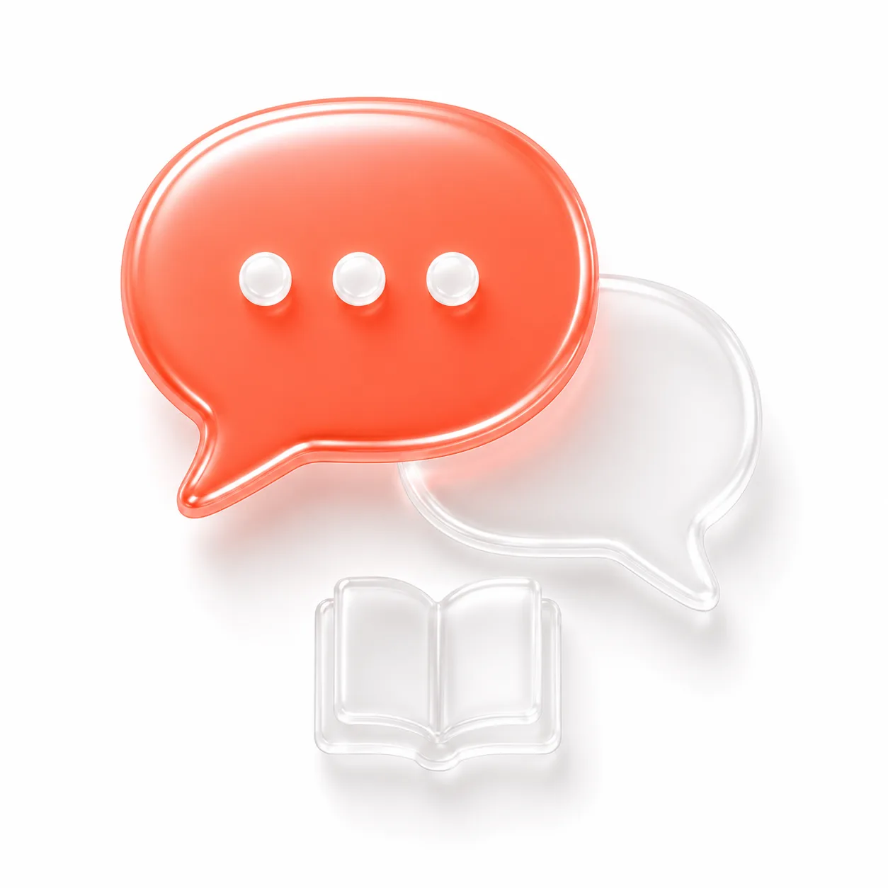 Icono isometrico de adopcion y soporte: chat con burbuja coral, libro y figura de usuario