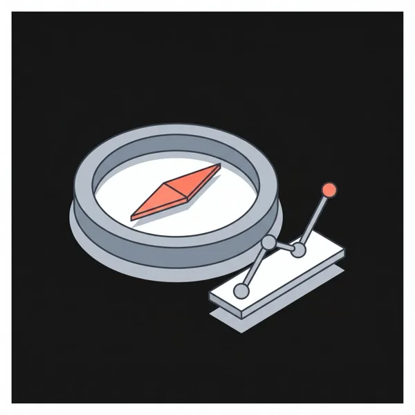 Isometric strategic direction icon: coral compass and ascending chart on dark background