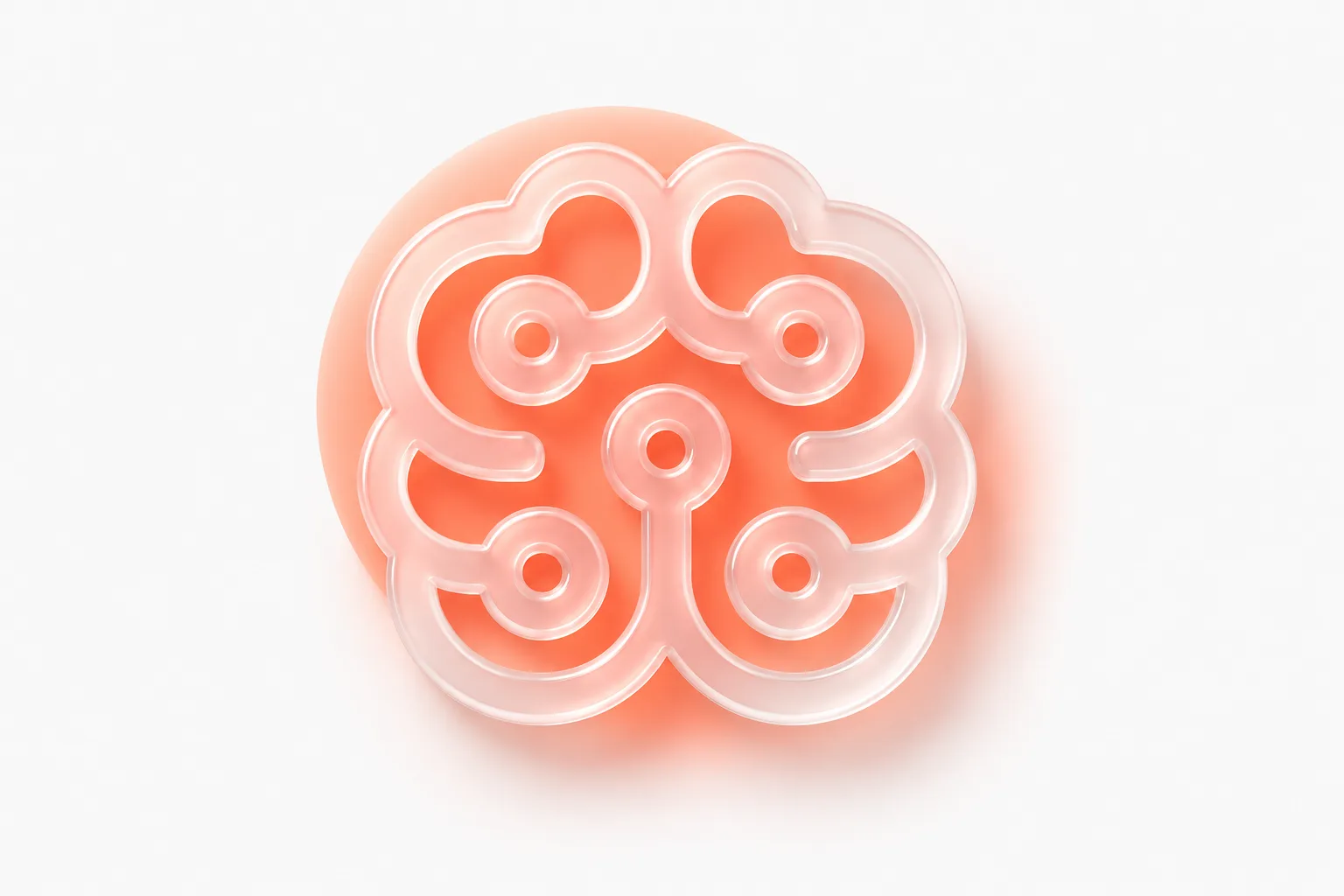 Ilustración bento dark glassmorphism: cerebro de nodos coral representando IA operativa con asistentes y automatizaciones