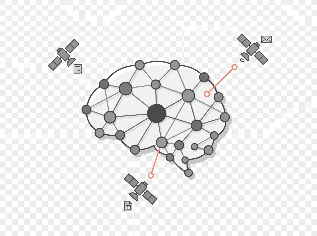 Isometric illustration of a connected nodes brain with three orbiting satellites, representing operational AI with knowledge base, assistants and automations