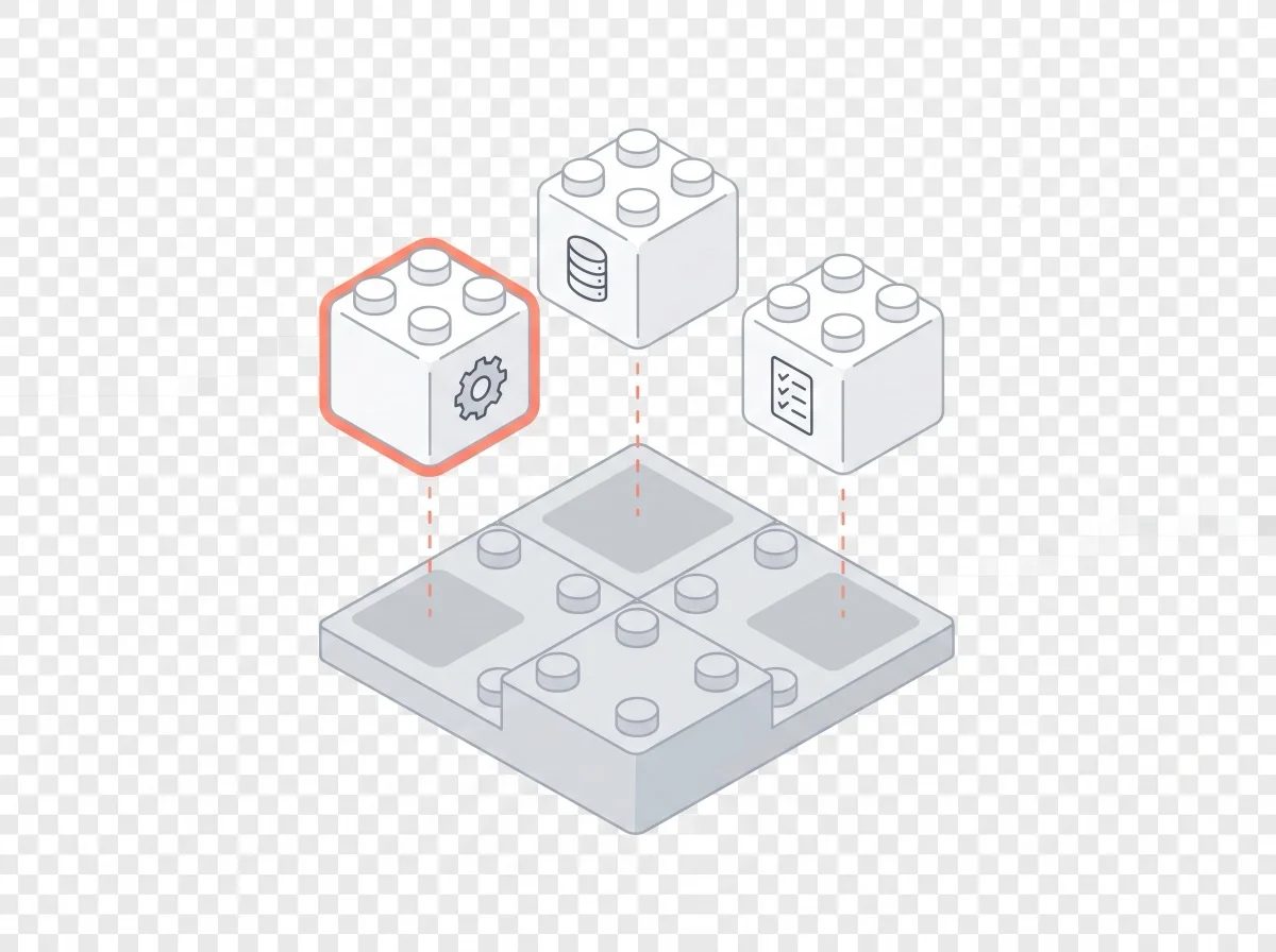 Isometric illustration of modular blocks assembling into a software architecture