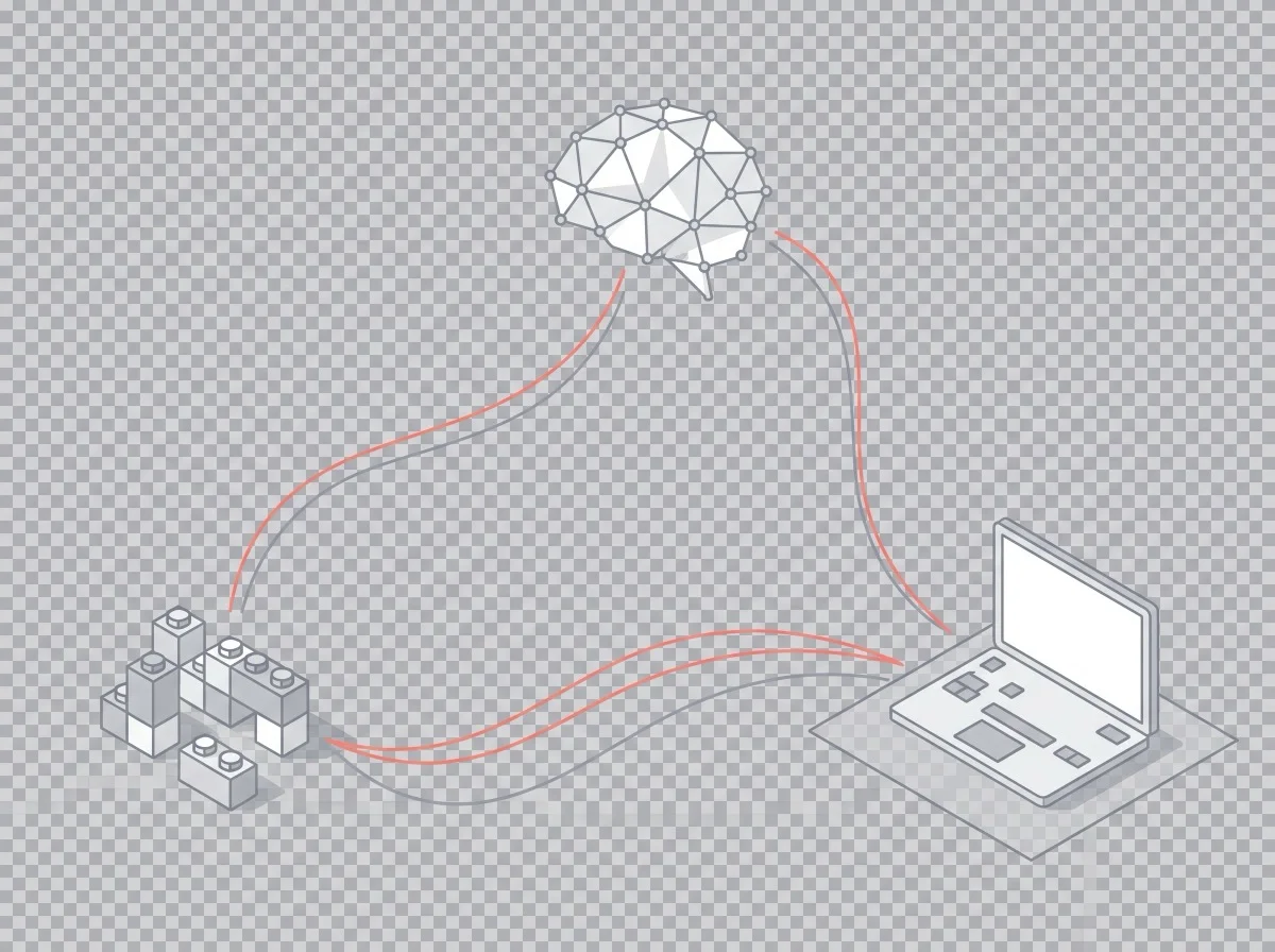 Ilustración isométrica de los tres servicios de Smartbiz365 coexistiendo: IA operativa, software a medida y workplace digital