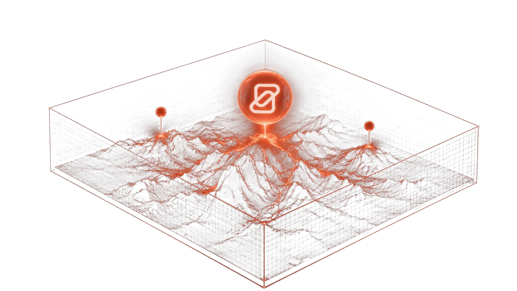 Silueta abstracta de la cordillera ecuatoriana con nodos de equipo distribuidos